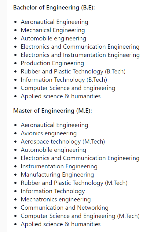 Madras Institute of Technology offers offers following programs in Engineering and Technology: